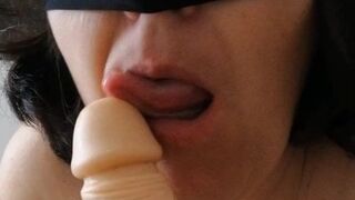 Blindfolded sucking my dildo. OscuroDeseo.