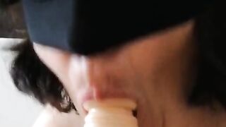 Blindfolded sucking my dildo. OscuroDeseo.