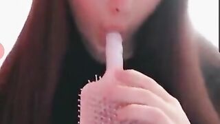 Horny teen masturbate fingers and hairbrush