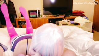 Japanese Uncensored Lily Riverside in Pink Tights Giving Footjob and Handjob