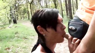 Busty brunette is satisfying her bf outdoors