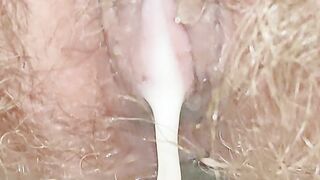 Mommy's Hairy Pussy Pees and Drips Creampie ???? Closeup