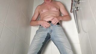 Desperate man jeans pissing pissing fun from Holland