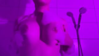 Teen having Fun with Soaping her Tits and Riding her Dildo Plugged in her Bathtub