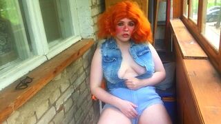 Masturbation On The Balcony Red-Haired Beauty