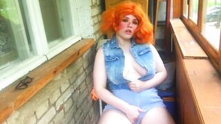 Masturbation On The Balcony Red-Haired Beauty