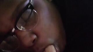 Cute Ebony Teen with Glasses gives Super SLOPPY Deepthroat as BF Watches TV