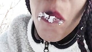 Went outside to Pee in the Snow and Eat some then Walk around Showing my Boobs Tina and Susie