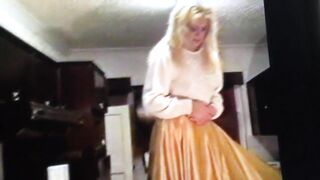 Wife in Gold Satin Skirt Dominated by Husband