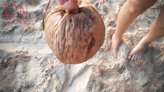 Nice Lady at Lonely Nudist Beach. Red Swimsuit. Red Bikini. Coconut has Vagina!