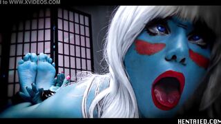 Blue Alien cosplay - Jerk off instruction - tied up - feet pose - bukkaked heavily