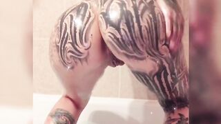 Inked Babe Bathtub Oil Play with Dildo