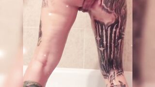 Inked Babe Bathtub Oil Play with Dildo