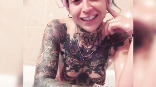 Inked Babe Bathtub Oil Play with Dildo