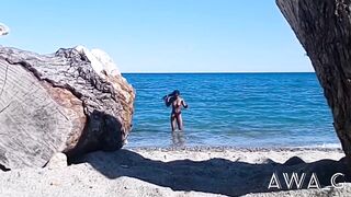 Pissing_ a Filthy French Whore Urinates at the Beach in Front of Tourists