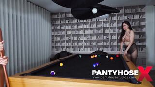 NAUGHTY PANTYHOSE SLUTS PLAY WITH EACH OTHER ON THE POOL TABLE!