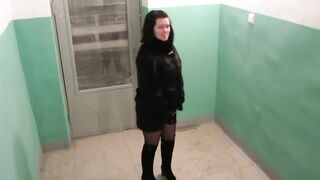 The Girl Takes off as a Girlfriend Pissing in a Public Entrance