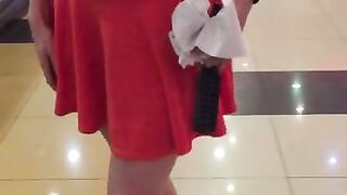 Public Upskirt in a Skirt without Panties in a Cinema Lobby