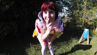 Snow White cosplay flashing Outdoors