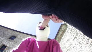 pink outfit in outdoor blowjob and oral creampie