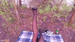 Perv Spies on Pantyhose Babe in Forest & Gets a Blowjob & Footjob Outdoors