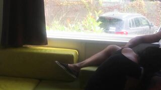 Wife giving risky blowjob in front of window in a camper van