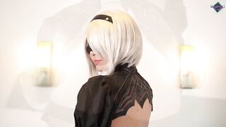 Nier Automata 2B plays with her ass and gets a creampie