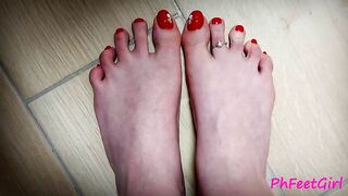 My feet after shower, red pedicured toes (chapter 1)