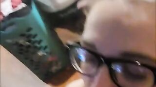 Cute blonde gets cum on her face from a BWC and sucks it dry