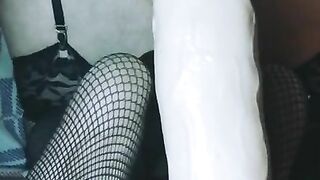 Goth Pawg BBW riding 12 inch huge big dildo solo cosplay in fishnet Play anal plug