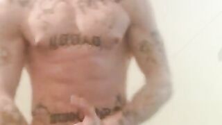 Big tattooed hunk with eight inch big cock jerking off his big juicy cock