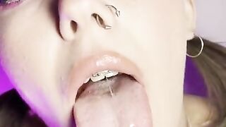 Mouth teasing. Sloppy girl with braces