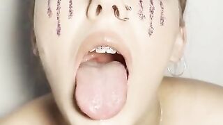 Sloppy ahegao by girl with braces. Spit fetish