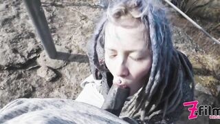 Caught while wild public sex on a ruine - POV, tattoo couple, split tounge blow job