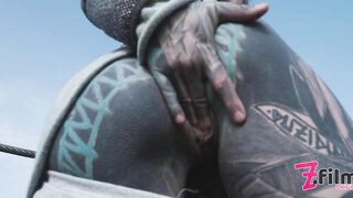 Caught while wild public sex on a ruine - POV, tattoo couple, split tounge blow job