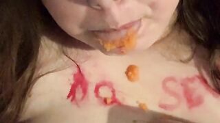 Fat pig fucks self with carrot and eats humiliation