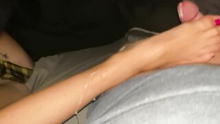 HUGE CUMSHOT Stroking his cock w/my pink wiggling toes til he shoots up my leg and on my feet