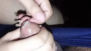 Hand job by wife with condom before fucking