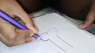 Sexy aunty doesn't get man, draws big cock on paper, pretends to fuck