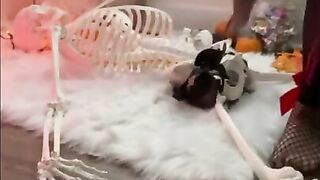 Horny MILF loves Halloween She FUCKS Skeleton with BIG CLEAR DILDO gets Pussy WET