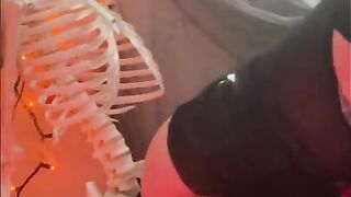 Horny MILF loves Halloween She FUCKS Skeleton with BIG CLEAR DILDO gets Pussy WET