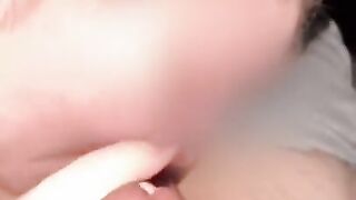 Thick white girl with tongue piercing sucks his big cock and balls before bed