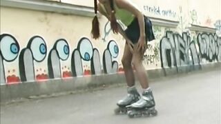 Retro Pantyhose VIdeo Of Teen Ira Skating Outside Stripping Off Clothes