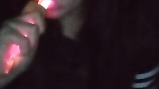 Fucking my mouth and pussy with glow sticks