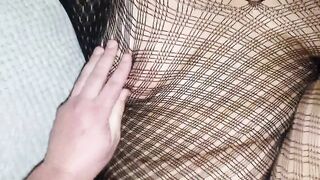 Amateur wife in black fish net gets cum on her sexy ass