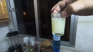 Girlfriend drinks a lots of saved cum from a shot glass