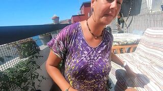 Blowjob on our terrace with some handfree sucking. Cum in mouth & swallow