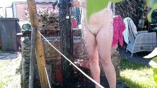 The old horny neighbor stretches while showering !!! Not even in peace showering is in it