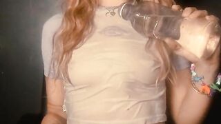 Horny babe pours water on herself while wearing only white, how see-through does my clothes get?