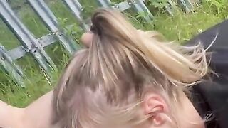 Horny blonde gets face fucked outside before shooting his cum in her mouth